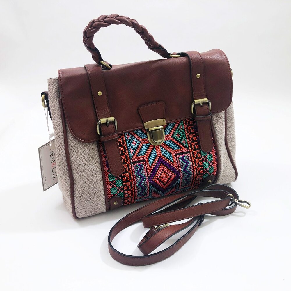 Jen & Co Satchel Harlow Tribal Embroidered Braided Handle 13x10.5x4.5 inches